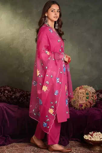 Floral Printed Sraight Thread Work  Cotton Kurta With Trousers & Dupatta