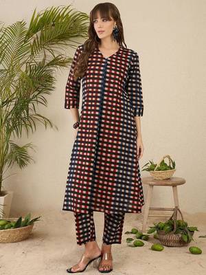 Geometric Printed Shirt Collar  Cotton Straight Kurta With Trnousers 2