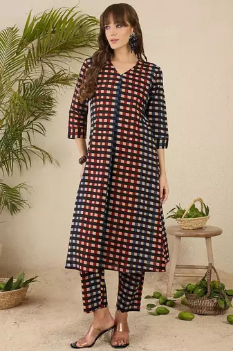 Geometric Printed Shirt Collar  Cotton Straight Kurta With Trnousers