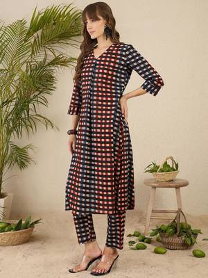 Geometric Printed Shirt Collar  Cotton Straight Kurta With Trnousers 4