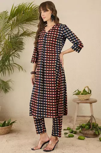 Geometric Printed Shirt Collar  Cotton Straight Kurta With Trnousers