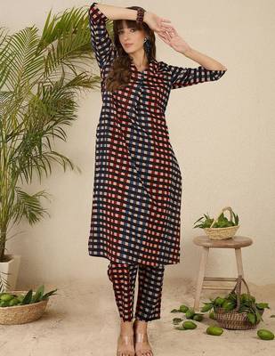 Geometric Printed Shirt Collar  Cotton Straight Kurta With Trnousers 6