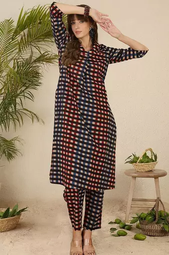 Geometric Printed Shirt Collar  Cotton Straight Kurta With Trnousers