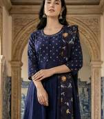 Floral Printed Pleated Beads and Stones  Cotton Kurta With Trousers & Dupatta