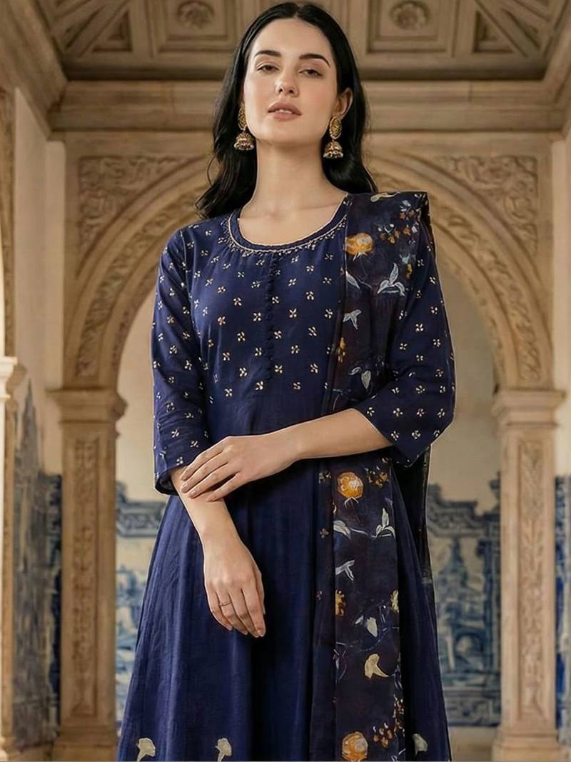 Floral Printed Pleated Beads and Stones  Cotton Kurta With Trousers & Dupatta