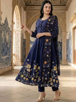Floral Printed Pleated Beads and Stones  Cotton Kurta With Trousers & Dupatta 2