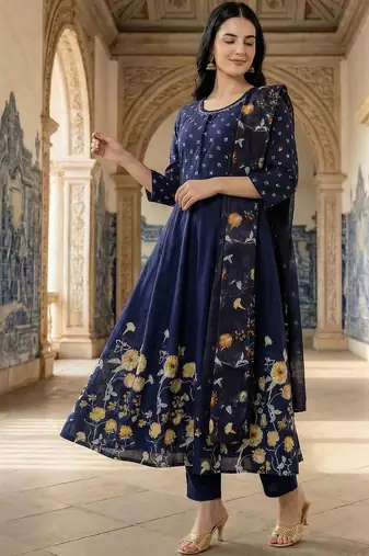 Floral Printed Pleated Beads and Stones  Cotton Kurta With Trousers & Dupatta