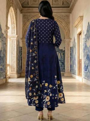 Floral Printed Pleated Beads and Stones  Cotton Kurta With Trousers & Dupatta 3