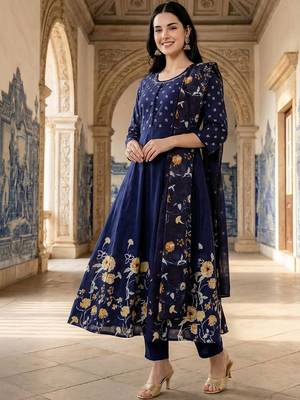 Floral Printed Pleated Beads and Stones  Cotton Kurta With Trousers & Dupatta 4