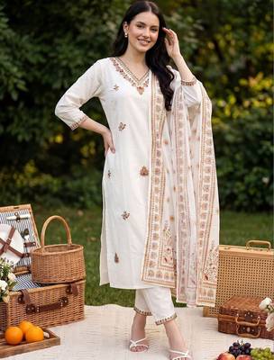 Women Ethnic Motifs Embroidered Regular Thread Work  Cotton Kurta with Trousers & With Dupatta 1