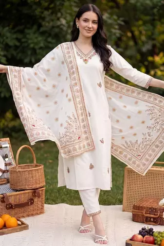 Women Ethnic Motifs Embroidered Regular Thread Work  Cotton Kurta with Trousers & With Dupatta