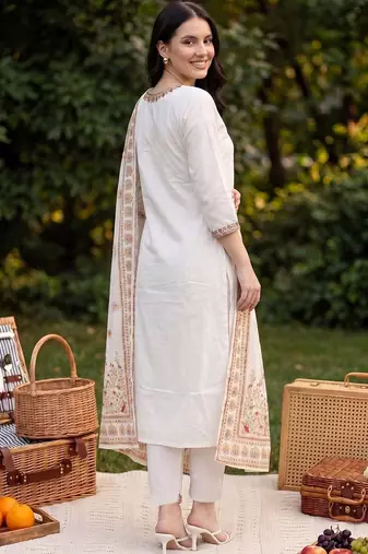 Women Ethnic Motifs Embroidered Regular Thread Work  Cotton Kurta with Trousers & With Dupatta