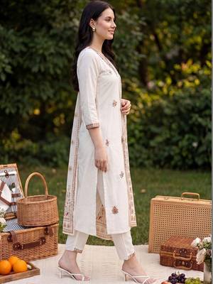 Women Ethnic Motifs Embroidered Regular Thread Work  Cotton Kurta with Trousers & With Dupatta 6