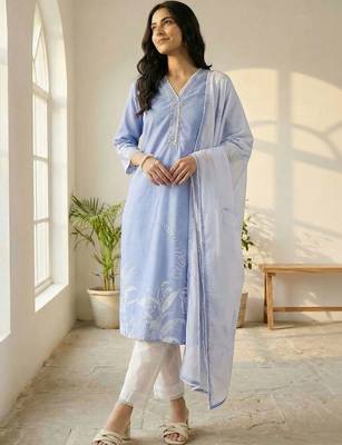 Women Printed Regular Linen Kurta with Trousers & With Dupatta 1