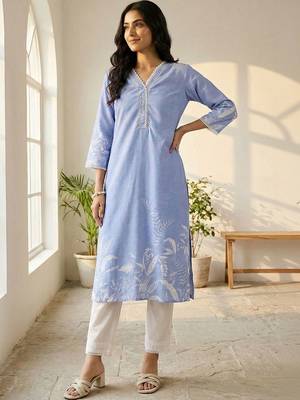 Women Printed Regular Linen Kurta with Trousers & With Dupatta 3