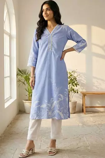 Women Printed Regular Linen Kurta with Trousers & With Dupatta