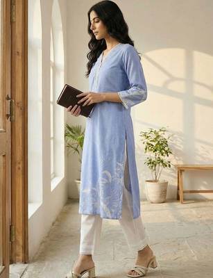 Women Printed Regular Linen Kurta with Trousers & With Dupatta 4