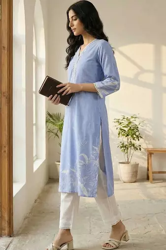 Women Printed Regular Linen Kurta with Trousers & With Dupatta