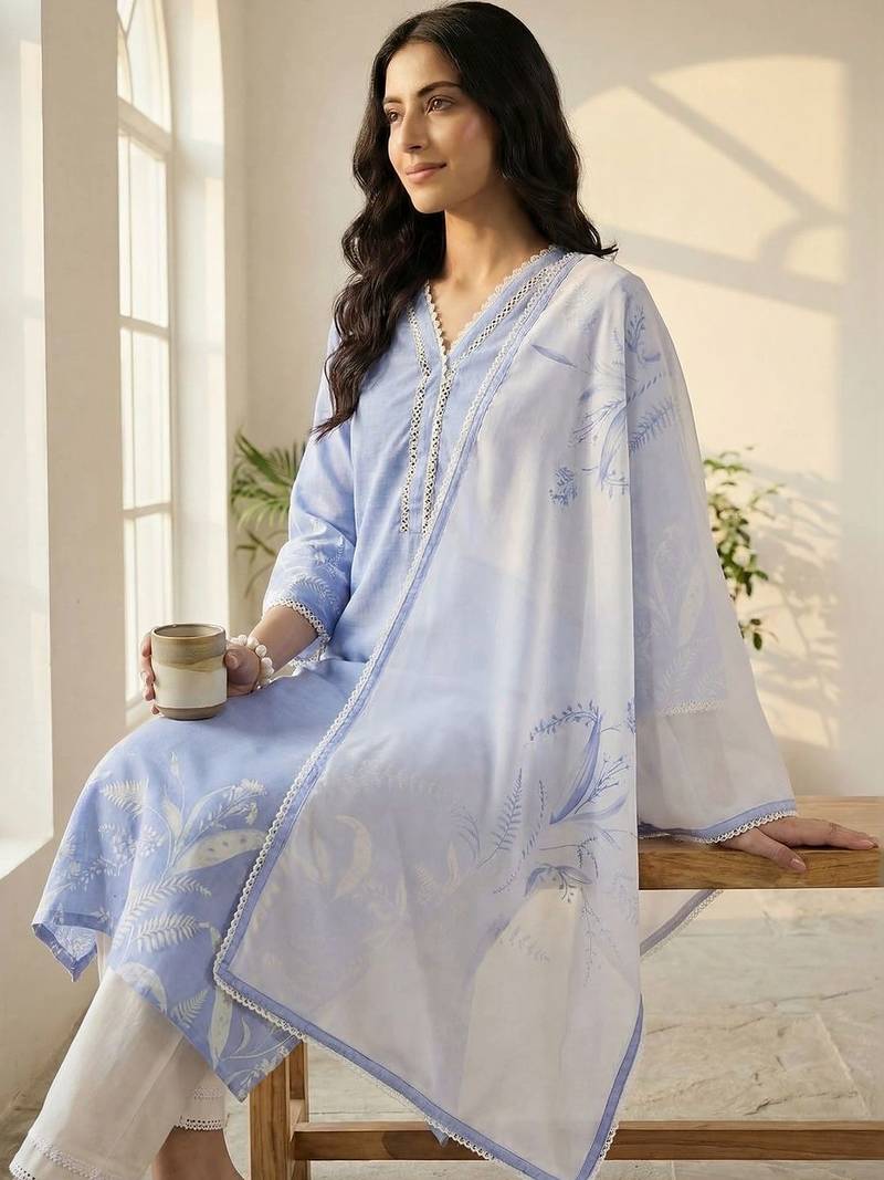 Women Printed Regular Linen Kurta with Trousers & With Dupatta