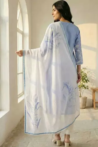 Women Printed Regular Linen Kurta with Trousers & With Dupatta