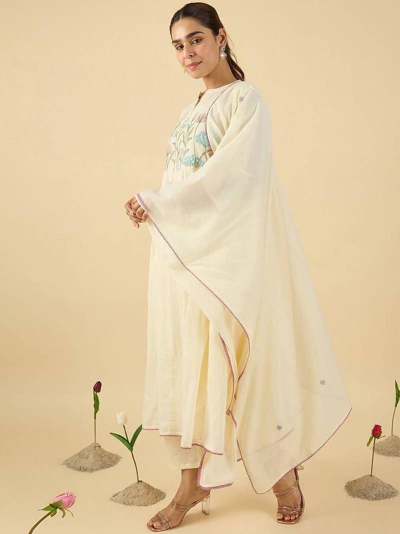 Women Floral Embroidered Cotton Kurta with Trousers & Dupatta