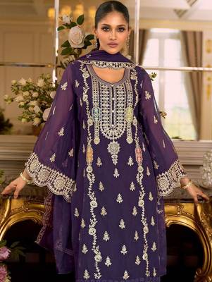 Ethnic Motifs Embroidered Zari Organza Straight Kurta & Trousers With Dupatta 1