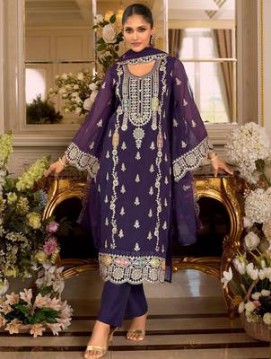 Ethnic Motifs Embroidered Zari Organza Straight Kurta & Trousers With Dupatta 2