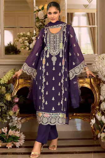 Ethnic Motifs Embroidered Zari Organza Straight Kurta & Trousers With Dupatta