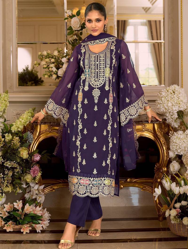 Ethnic Motifs Embroidered Zari Organza Straight Kurta & Trousers With Dupatta