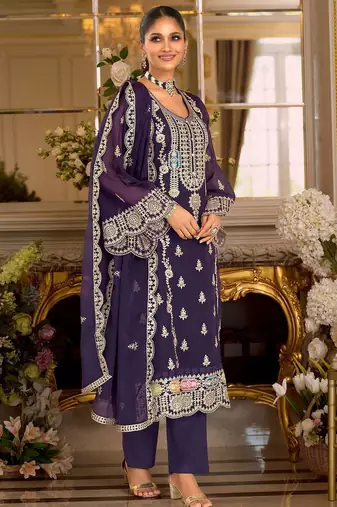 Ethnic Motifs Embroidered Zari Organza Straight Kurta & Trousers With Dupatta