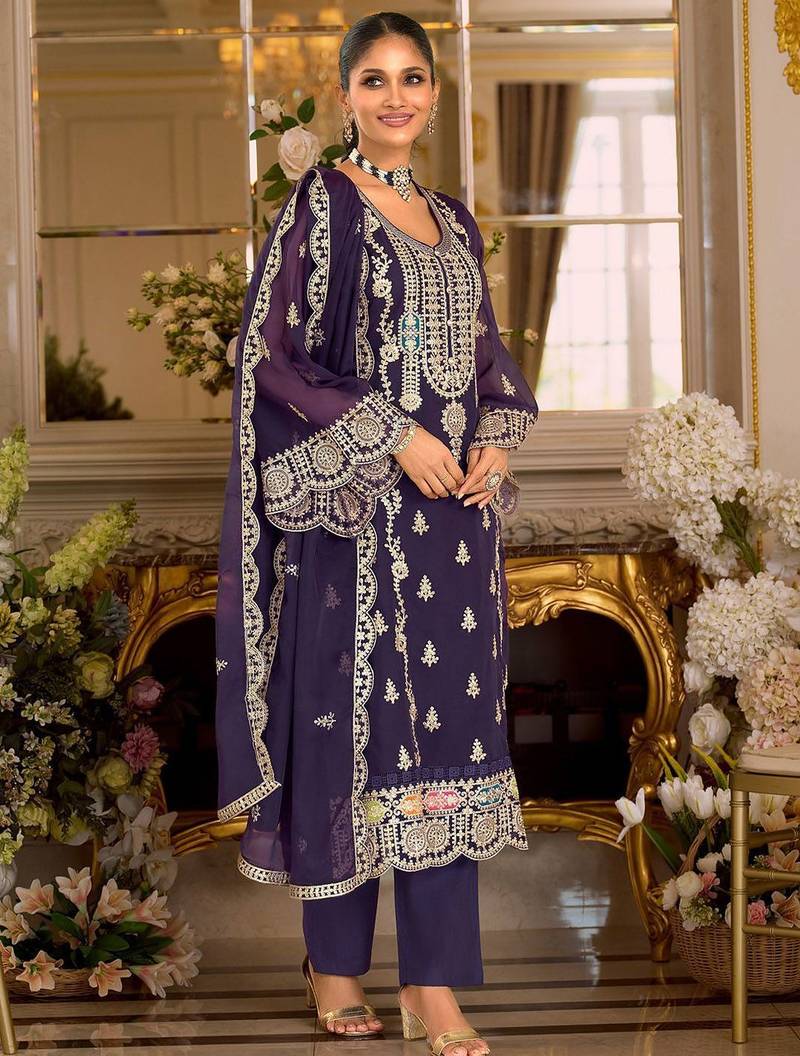 Ethnic Motifs Embroidered Zari Organza Straight Kurta & Trousers With Dupatta