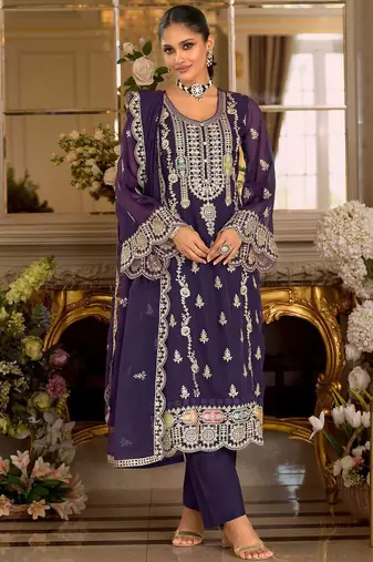 Ethnic Motifs Embroidered Zari Organza Straight Kurta & Trousers With Dupatta