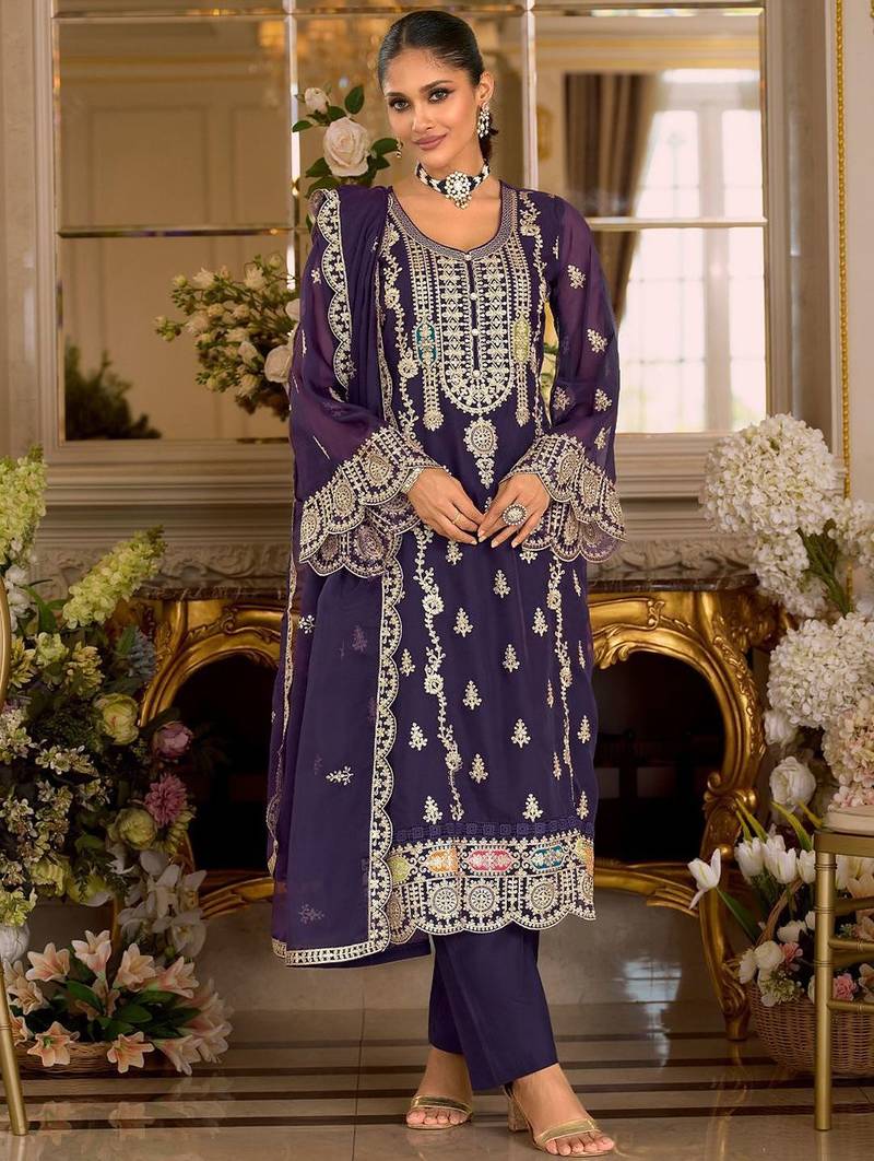 Ethnic Motifs Embroidered Zari Organza Straight Kurta & Trousers With Dupatta