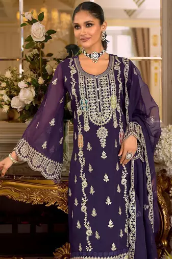 Ethnic Motifs Embroidered Zari Organza Straight Kurta & Trousers With Dupatta