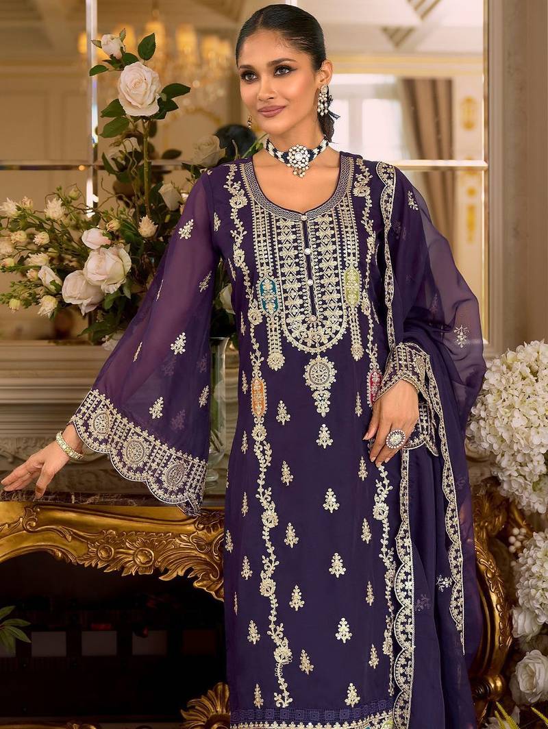 Ethnic Motifs Embroidered Zari Organza Straight Kurta & Trousers With Dupatta