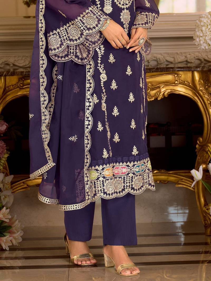 Ethnic Motifs Embroidered Zari Organza Straight Kurta & Trousers With Dupatta
