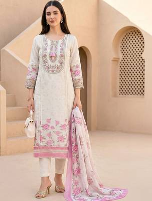 Women Floral Embroidered Regular Thread Work Linen Kurta with Trousers & With Dupatta 1