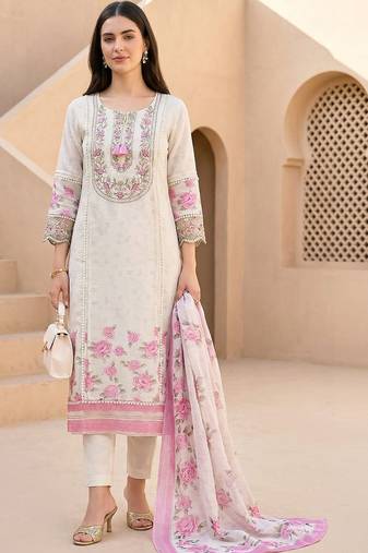 Women Floral Embroidered Regular Thread Work Linen Kurta with Trousers & With Dupatta