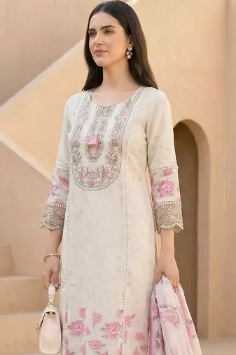 Women Floral Embroidered Regular Thread Work Linen Kurta with Trousers & With Dupatta