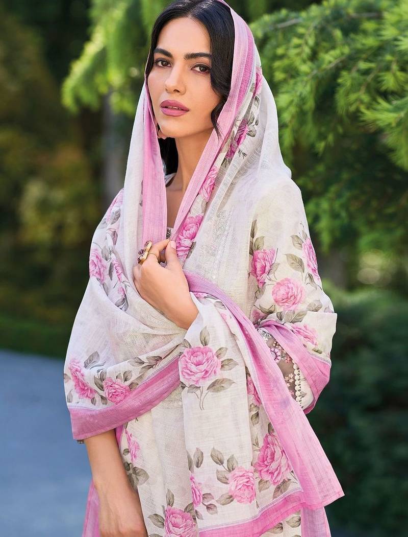 Women Floral Embroidered Regular Thread Work Linen Kurta with Trousers & With Dupatta
