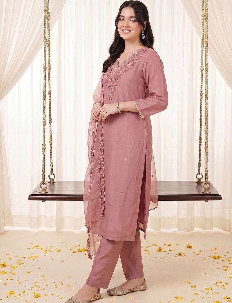 Women Ethnic Motifs Embroidered Regular Thread Work Kurta with Trousers & With Dupatta