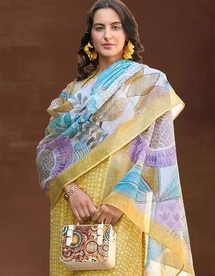 Women Ethnic Motifs Printed Regular Thread Work Linen Kurta with Trousers & With Dupatta 1