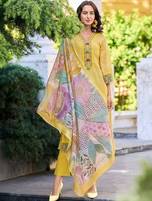 Women Ethnic Motifs Printed Regular Thread Work Linen Kurta with Trousers & With Dupatta 5