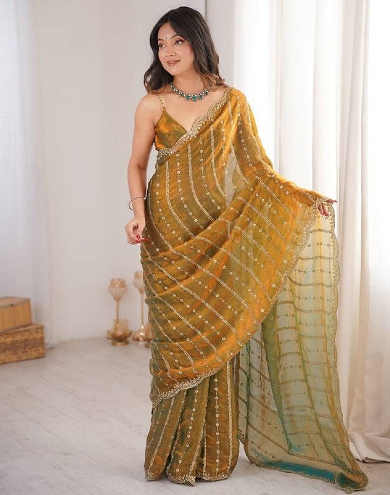 Gold color silk blend embroidered work saree with un-stitched blouse