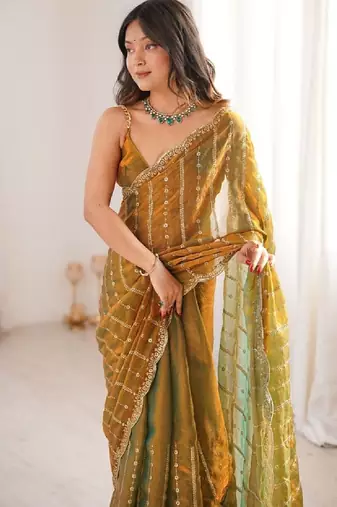 Gold color silk blend embroidered work saree with un-stitched blouse