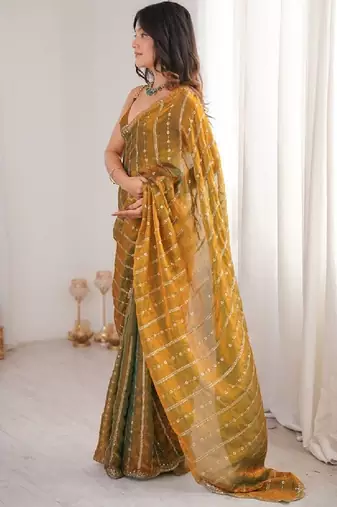 Gold color silk blend embroidered work saree with un-stitched blouse