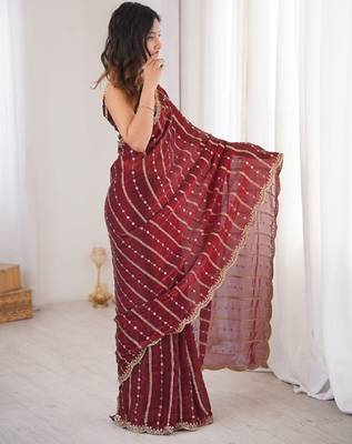 Maroon color silk blend embroidered work saree with un-stitched blouse 2