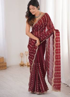 Maroon color silk blend embroidered work saree with un-stitched blouse 3