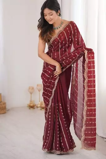Maroon color silk blend embroidered work saree with un-stitched blouse