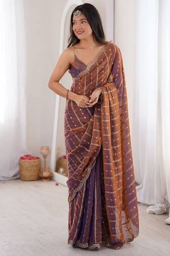 Wine color silk blend embroidered work saree with un-stitched blouse